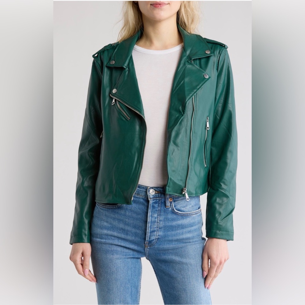 Bagatelle Women's M Faux Leather Moto Jacket Green Streetwear Edgy Casual NWT